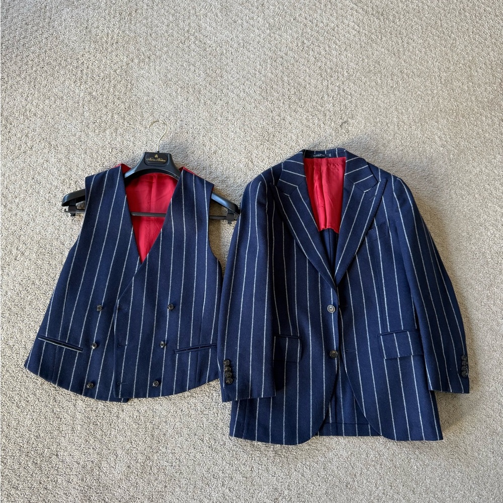 Suitsupply Mid-Blue Wool Cashmere Striped Jacket W/ Vest 34S